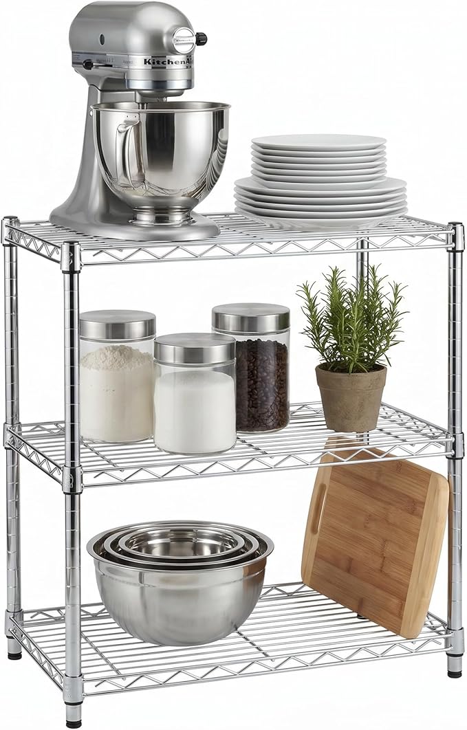 Honey-Can-Do 3-Tier Heavy-Duty Adjustable Shelves, Metal Storage Rack with 250-lb Shelf Capacity, Chrome, 14" W x 24" L x 30" H
