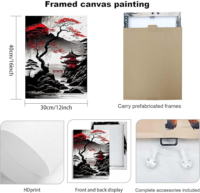 3 Piece Framed Canvas Wall Art Japanese Landscape Wall Decor with Red Sun, Mount Fuji, Pagoda & Cherry Blossom, Modern Asian Artwork for Living Room Bedroom Office, 12x16 Inch