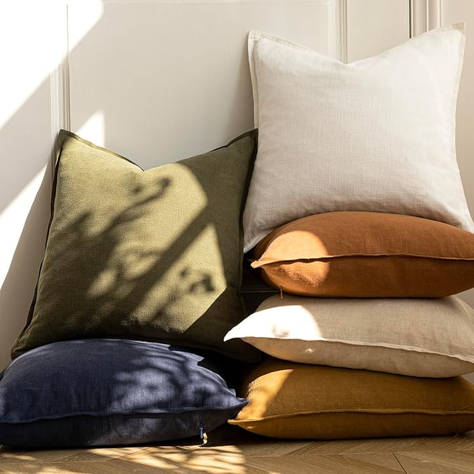 Foindtower Pack of 2, Decorative Linen Soild Throw Pillow Covers Soft Accent Cushion Case Boho Farmhouse Neutral Pillowcase for Chair Couch Sofa Bedroom Living Room Home Decor 16 x 16 Inch Cream White
