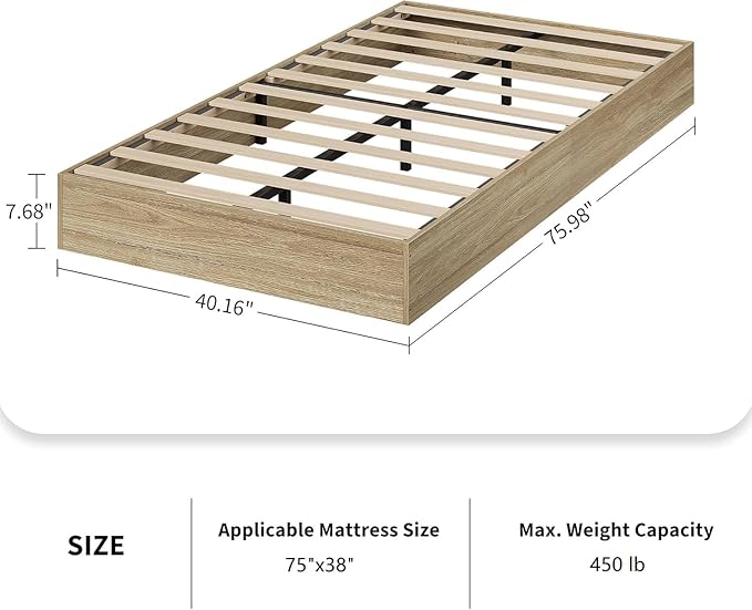 Twin Size Solid Wood Platform Bed with Sturdy Wooden Slats, Floor-Standing Bed Frame, Modern Minimalist Design Space-Saving Bed Frame, No Box Spring Needed, Space Saver, Easy Assembly, Golden Tan Wood