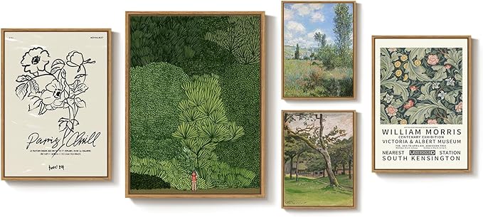 Large Framed Green Wall Art Set of 5, Vintage William Morris Floral Botanical Canvas Prints, Nature Gallery Wall Decor for Living Room Bedroom Hallway Home Office