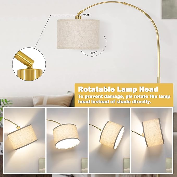 Gold Arc Floor Lamp, Dimmable Floor Lamp for Living Room, Mordern Standing Light with Adjustable Lamp Head, Tall Pole Lamp Over Couch Arched Light for Reading, Bedroom, Office, 9W LED Bulb Included