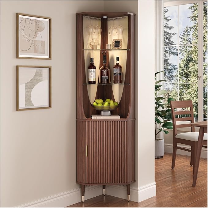 JOINICE 70" Tall Corner Bar Cabinet, Mid-Century Modern Fluted Storage Cabinet with Glass Shelves, Door & LED Lighting, Space-Saving Liquor Cabinet for Living Room, Kitchen, or Dining Room, Walnut