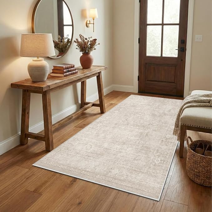 Homemate Washable Rug 4x6 Area Rugs - Vintage Faux Wool Rugs for Living Room Bedroom Dining Room - Non Slip Foldable Carpet Indoor Area Rug for Home Decor（4'x6', Beige