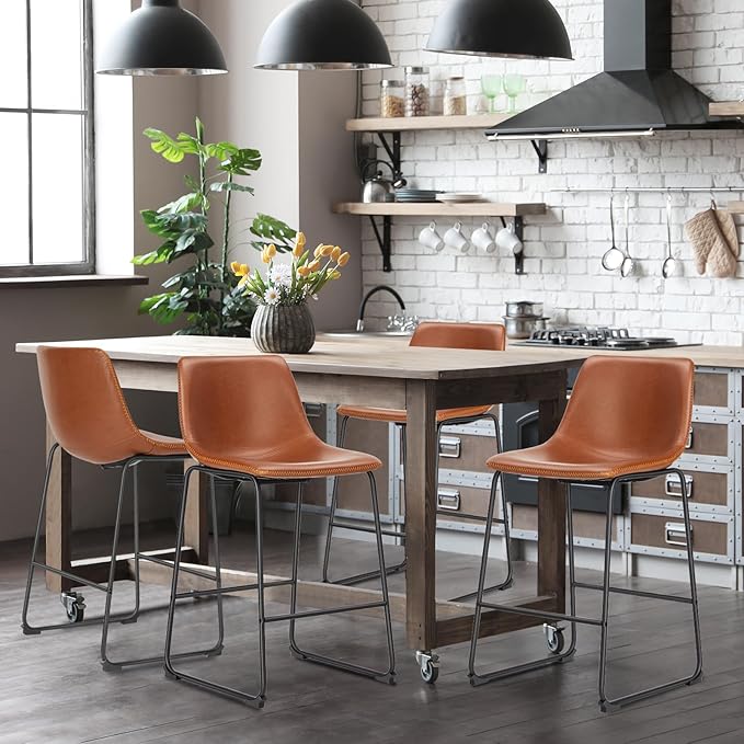 DUMOS 26 Inch Counter Height Bar Stools Set of 4, Modern Faux Leather High Barstools with Back and Metal Leg, Bar Chairs for Kitchen Island, Brown
