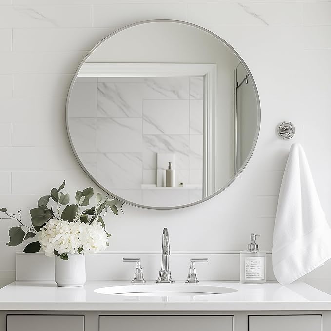 Oruii Silver Round Mirror, Silver Round Mirror 24 inch, Circle Bathroom Mirrors Metal Frame, Nickel Circle Mirrors for Wall, Over Sink, Bathroom, Living Room, Vanity, (Chrome)