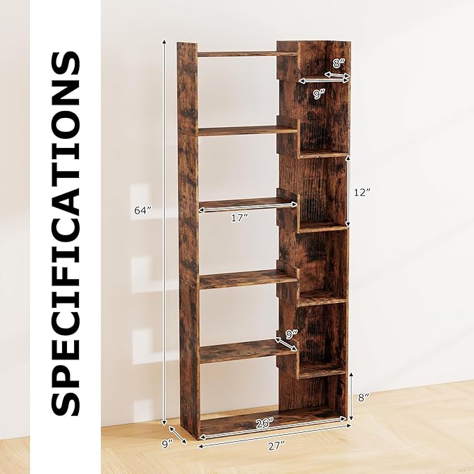 Tangkula 6-Tier Bookshelf, 64”H Tall Open Bookcase with Anti-Tip Kits, Home Office Free-Standing Wood Room Divider Display Shelf, Modern 11-Shelf Storage Rack for Study, Living Room (2, Rustic Brown)