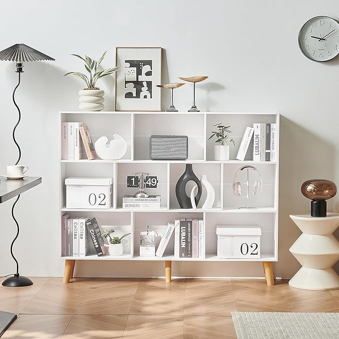 LEYAOYAO 10 Cube Bookshelf, 3 Tier Vintage 55" Wide Bookcase with Legs, Mid-Century Wood Bookshelves Storage, White Large Book Case, Freestanding Organizer Display Shelf for Living Room, Office