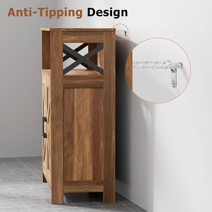 Homhedy Farmhouse Bathroom Storage Cabinet with 2 Doors, Toilet Paper Cabinet with Adjustable Shelves, Small Bathroom Cabinet for Kitchen/Laundry/Living Room, 11.8 x 23.6 x 31.5 Inches, Rustic Walnut