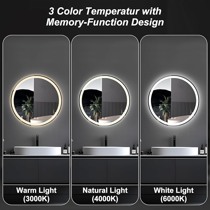 NEWBULIG 28 Inch Round LED Bathroom Wall Mirror with Lights, Light up Vanity Bathroom Mirror for Over Sink, Anti-Fog and Dimmable, Front Light and Backlit, Memory Function, Shatter-Proof, White
