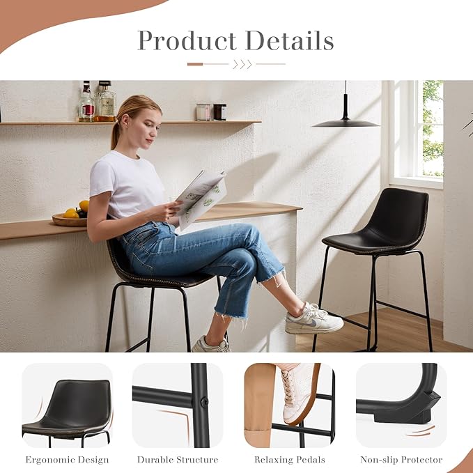 DUMOS 26 Inch Counter Height Bar Stools Set of 2, Modern Faux Leather High Barstools with Back and Metal Leg, Bar Chairs for Kitchen Island, Elegant Black