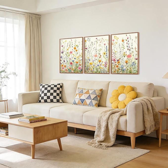 HPINUB Colorful Flower Framed Canvas Wall Art Set, (Set of 3,12X16 Inch)Watercolor Daisy Floral Wall Decor, Wildflower Green Leaf Wall Painting, Multicolour Botanical Art Print for Living Room,Office