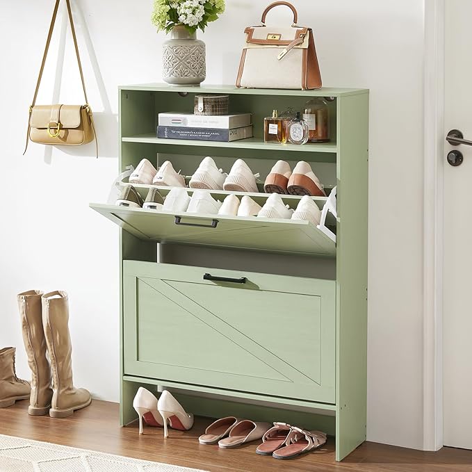 RWYHG Shoe Cabinet Storage for Entryway with 2 Flip Drawers Open Storage Layer Rack Narrow Organizer Slim Hidden Wood Shoe Cabinet Furniture Green
