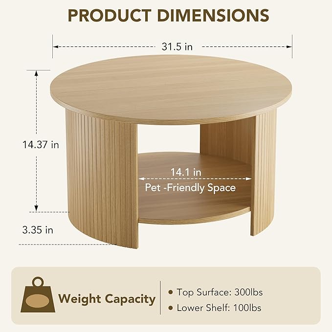 Round Coffee Table with Storage, 31.5" Modern Fluted Center Table, 2-Tier Mid Century Coffee Table, Wood Circle Table for Living Room, Home Office, Small Space, Oak