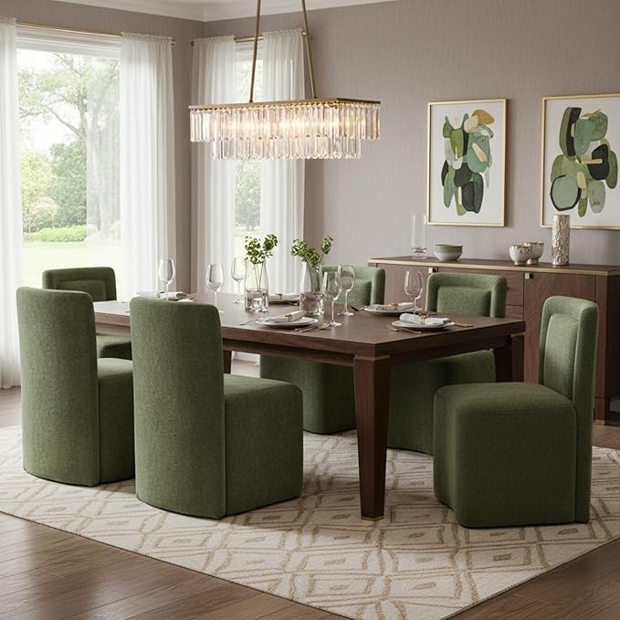 Hyfirm Upholstered Dining Chairs Set of 6, Mid-Century Scandinavian Parsons Armless Chairs with Plush Seat Cushion for Diningroom Bedroom Livingroom Reading Room，Green Fabric