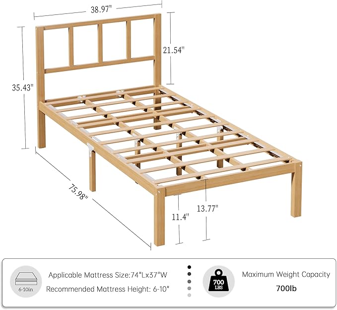 14 Inch Bamboo Bed Frame – Solid Wood Platform Bed Frame, Strong and Stable, with Non-Slip Slats for Support, No Box Spring Needed, Easy to Assemble, Noise-Free (Natural, Twin with Headboard)