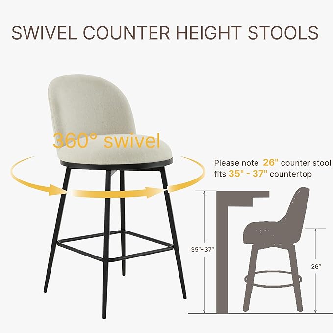 26" Counter Height Swivel Bar Stools Set of 2, Upholstered Linen Fabric Barstools with Backs and Metal Legs for Kitchen Island,Linen