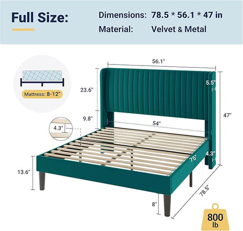 Allewie Full Size Bed Frame/Velvet Upholstered Platform Bed/Vertical Channel Tufted Wingback Headboard/Strong Wooden Slats/No Box Spring Needed/Easy Assembly/Teal