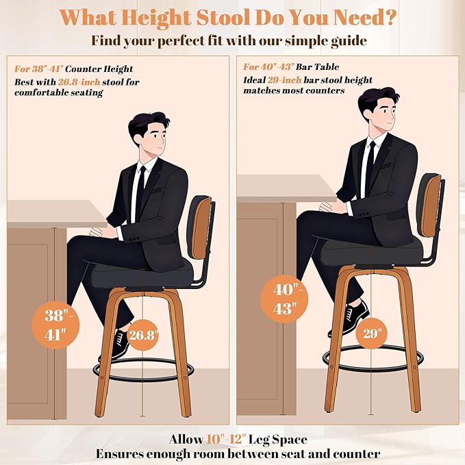 Counter Height Bar Stools Set of 2, 26+inch Swivel Faux Leather Barstool with Back, Upholstered Mid-Century Modern Bar Chairs with Bent Wood Legs for Kitchen Counter, Dining Room, Black