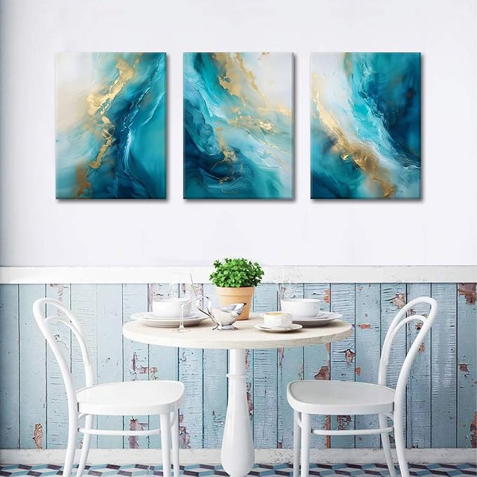 Teal Gold Canvas Wall Art Set of 3 Abstract Aqua Blue Gold Marble Fluid Wall Decor Pictures Neutral Modern Minimalist Posters Prints for Living Room Bedroom Home Decoration 12x16in