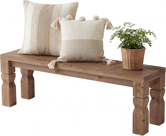 LITTLE TREE Solid Wood Bench, 55-Inch Long Farmhouse Wooden Bench Seat for Entryway, End of Bed, Dining Room, Living Room, Easy Assembly, Rustic Brown