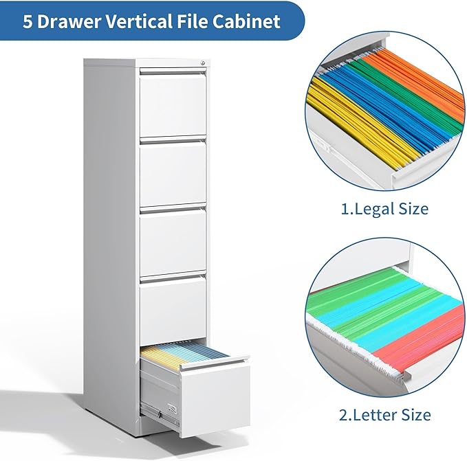 5 Drawer File Cabinet with Lock,Metal Vertical Filing Cabinets for Home Office,Heavy Duty File Storage Cabinet for Letter/Legal/A4/F4 Size File,Assembly Require (White, Vertical 5 Drawer)