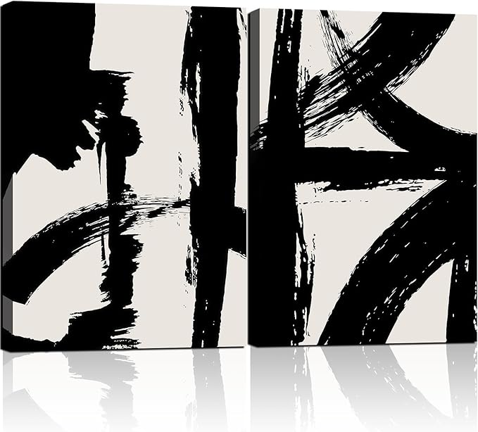 2Pcs Framed Abstract Black and White Canvas Wall Art Minimalist Brushstroke Line Prints Modern Home Gallery Style Painting Posters Picture Bedroom Living Room Office 12x16 Inch Ready to Hang