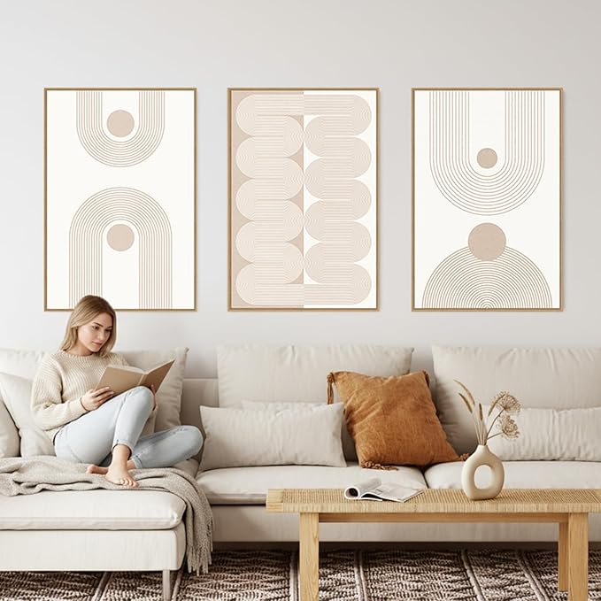 SAFERRYHOME Large Boho Abstract Wall Art Set of 3, Mid Century Neutral Framed Canvas Print Beige Modern Wall Decor, Geometric Line Artwork for Living Room Bedroom Office,Ready to Hang, 24"x36"