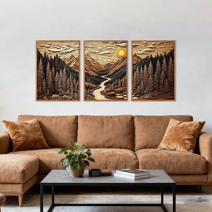 HPINUB Abstract Landscape Mountain Canvas Wall Art Set, Vibrant Sun Forest Pine Tree Wall Decor, Wilderness Nature River Rustic Scenery Art Print for Living Room,Bedroom,Office(Set of 3,12X16 Inch)