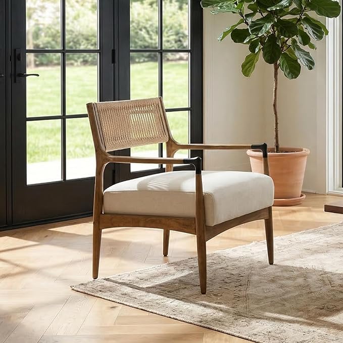 Ya-Home Mid-Century Modern Accent Chairs with Woven Rope Back, Upholstered Linen Fabric Armchairs with Solid Wood Frame for Living Room Bedroom, 2PCS, Beige