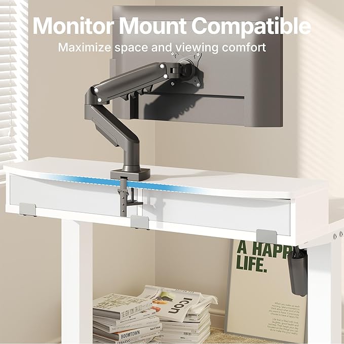 HUANUO 32 x 21 inch Small Electric Standing Desk with 2 Drawers, C-Clamp Mount Compatible, Height Adjustable Sit Stand Desk, Home Office Stand Up Desk with 4 Memory Height Settings, White