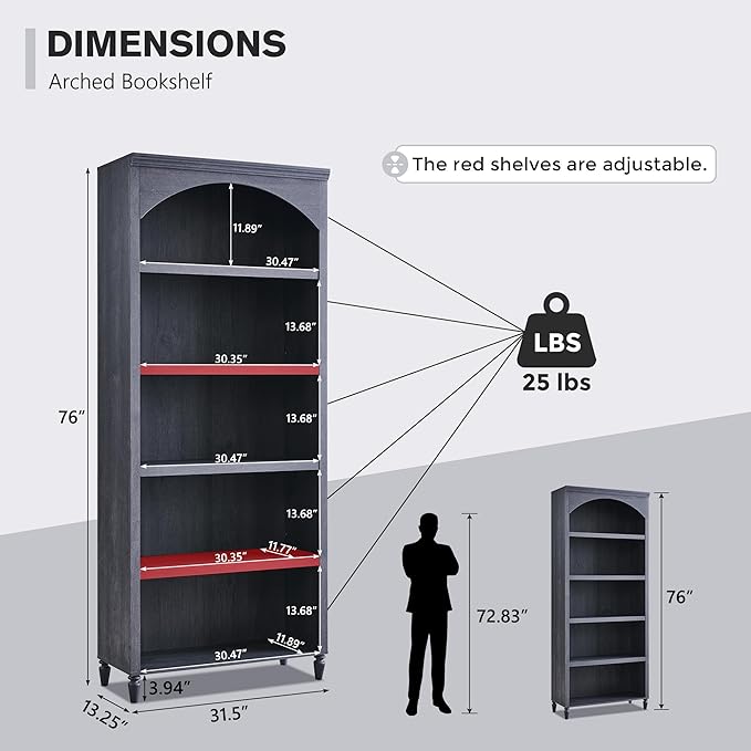 IFGET 76" Tall Arched Bookcase, Farmhouse 5 Tiers Large Arched Bookshelf Cabinet with Adjustable Shelves, Modern Wooden Book Shelf w/Storage and Open Display Shelves for Living Room, Office-Dark Grey