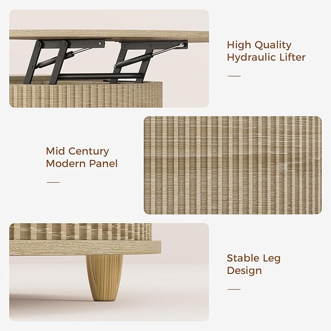 Round Lift Top Coffee Table, 34.6" Modern Coffee Table with 180° Curved Sliding Door, Fluted Accent Coffee Tables with Hidden Storage and Open Shelves, for Living Room, Office, Oak