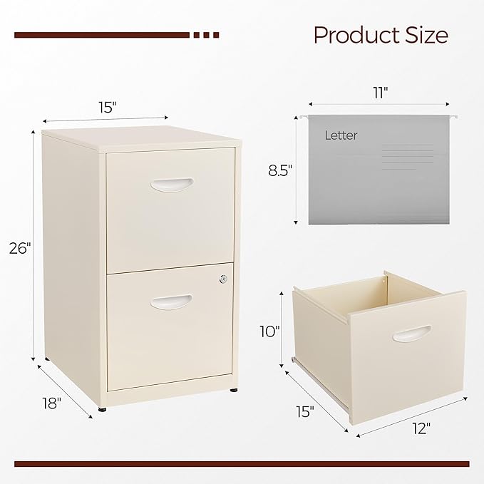 2 Drawer File Cabinet with Lock,Cream Metal Filing Cabinets,Vertical Locking File Cabinet Fit Hanging Files, Letter,File Box and A4 Documents(Cream)
