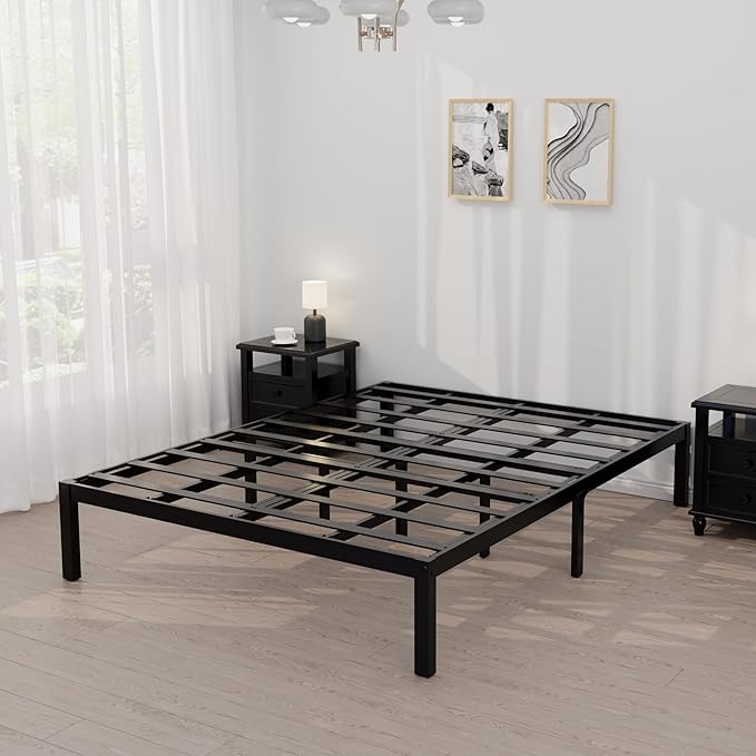 14 Inch Bamboo Bed Frame – Solid Wood Platform Bed Frame, Strong and Stable, with Non-Slip Slats for Support, No Box Spring Needed, Easy to Assemble, Noise-Free (Black, Queen)