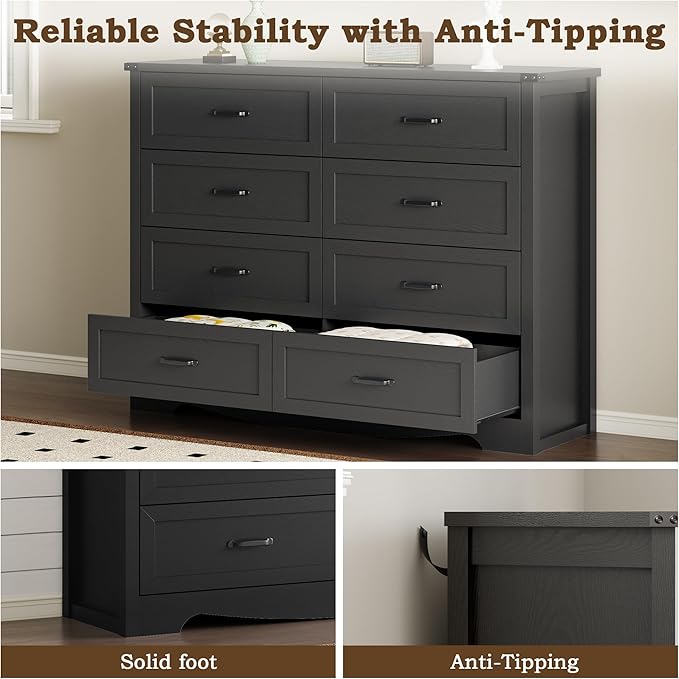 BORNOON 8-Drawer Dresser for Bedroom, Modern Wooden Chest of Drawers with Metal Handles, Anti-Tipping Design, Sturdy and Stable Storage Organizer for Living Room, Entryway, Home Office, Standard