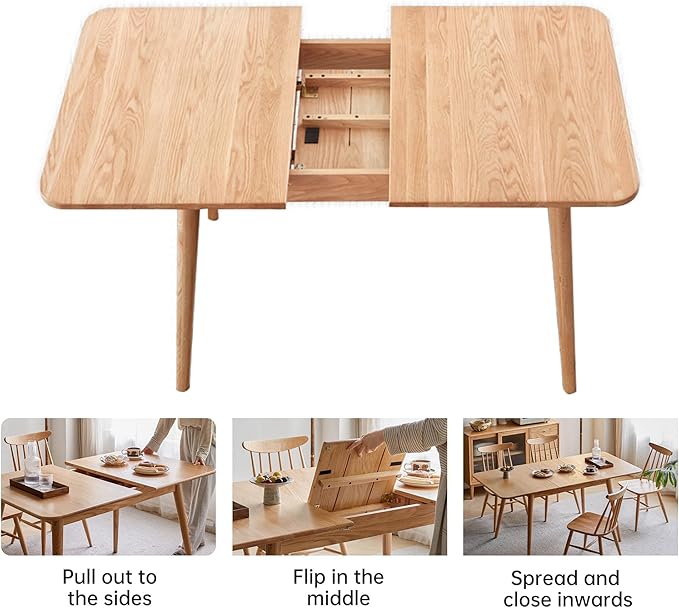 47’’-63’’ 100% Oak Extendable Dining Table and Chairs Set for 4, Solid Wood Folding Kitchen Table, Mid Century Modern Dinner Table for Kitchen, Living Room, Natural (47''-63''+4 Cushion Chairs-YB)