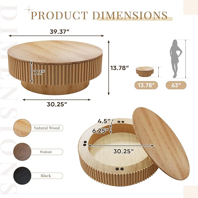 39.37'' Round Coffee Table with Storage, Modern Fluted Circle Coffee Table Unique Drum Low Center Tea Table with Solid Wood Veneered for Living Room, Mesas De Centro para Sala, Natural