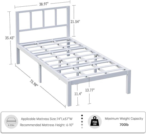 14 Inch Bamboo Bed Frame – Solid Wood Platform Bed Frame, Strong and Stable, with Non-Slip Slats for Support, No Box Spring Needed, Easy to Assemble, Noise-Free (White, Twin with Headboard)