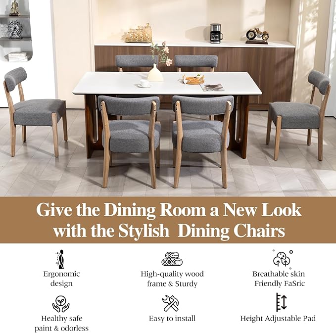 ZJhome Dining Chairs Set of 6,Mid Century Modern Dining Chair Set - Linen Upholstered Low Back Kitchen & Dining Room Chairs with Woven Design,Grey Fabric