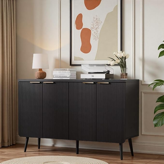47.2" Modern Fluted Sideboard Cabinet with 4 Doors, Wood Storage Credenza with Shelves, Multi-Purpose Buffet Cabinet for Entryway, Dining & Living Room, Black