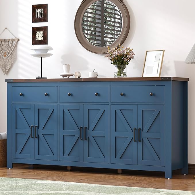 VVFLU 71" Large Sideboard Buffet Cabinet with Storage, Modern Farmhouse Coffee Bar with 3 Drawers and 6 Barn Doors, Dining Room Storage Cabinet, for Kitchen, Living Room, White Wood, Blue Wood