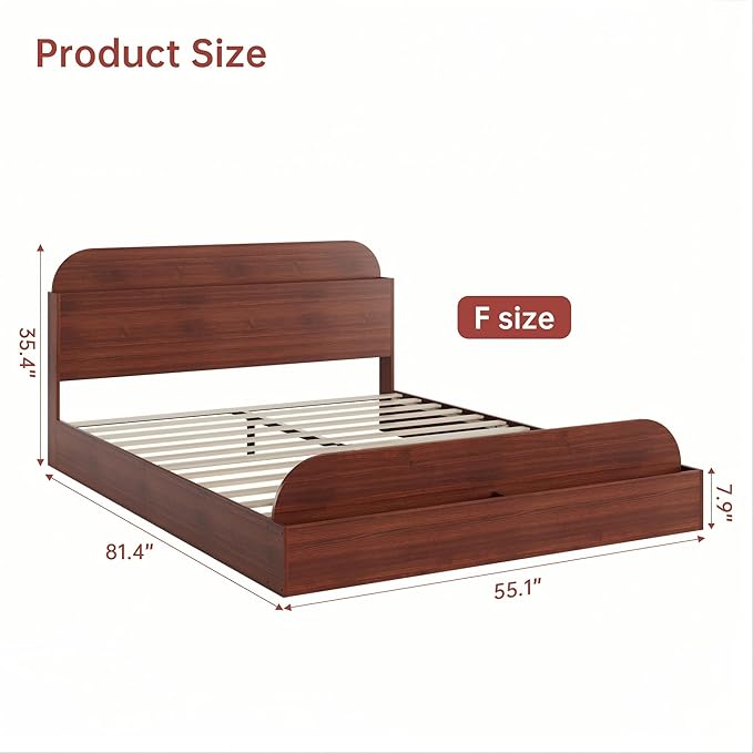 GarveeHome Queen Size Bed Frame, Wooden Beds with Storage Headboard and Raised-Foodboard, Queen-Floor Low Platform Bed for Bedroom, Sturdy Wooden Slats Support, No Box Spring Needed, Espresso