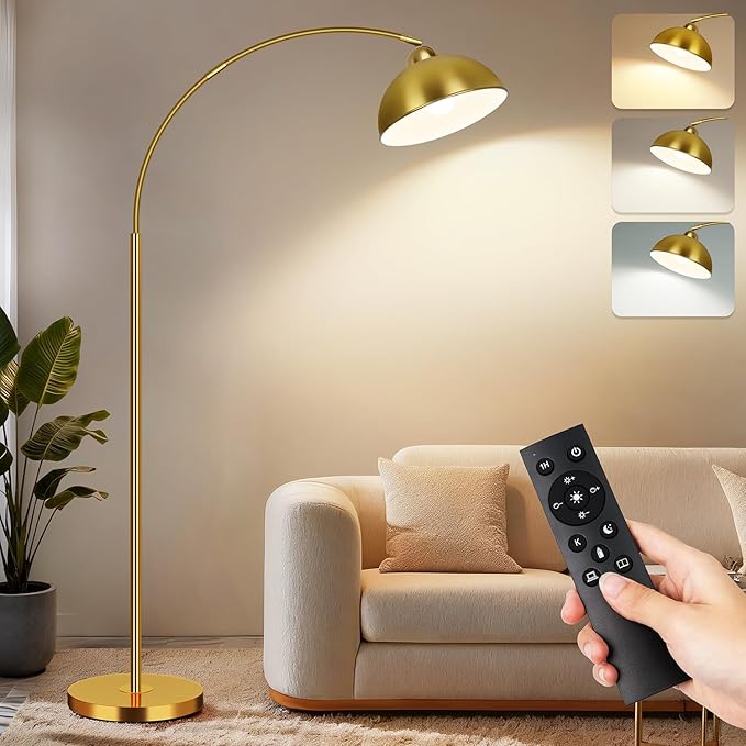 Arc Floor Lamps for Living Room, 72" Modern Tall Lamp with Remote Control and Stepless Dimmable 9W LED Bulb, Over Couch Arched Reading Lamp for Bedroom, Office(Gold)