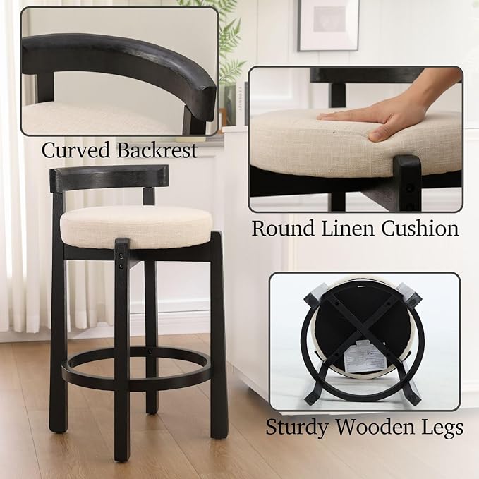 LukeAlon Mid Century Linen Counter Stools Set of 4, Upholstered 26.5” Seat Height Low Barstools with Black Wood Legs Round Low Back Kitchen Stools with Footrest for Dining Room Restaurant, Beige
