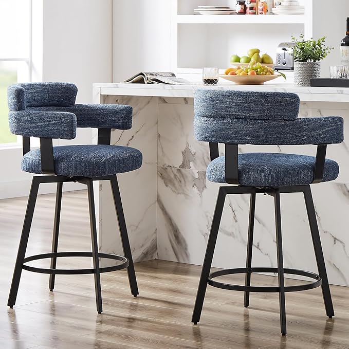 Counter Height Bar Stools with Full Back – Swivel Counter Stools Set of 2 with Linen Padded Back, Metal Footrest, Modern Barstools for Kitchen Counter, Island, Dining Room, Blue 24 inch