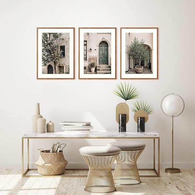 HPNIUB Vintage Italy City Landscape Framed Canvas Wall Art Set, Olive Green Tree Country Wall Decor, Modern Minimalist Countryside Villages Picture for Living Room,Office(Set of 3,12X16 Inch)