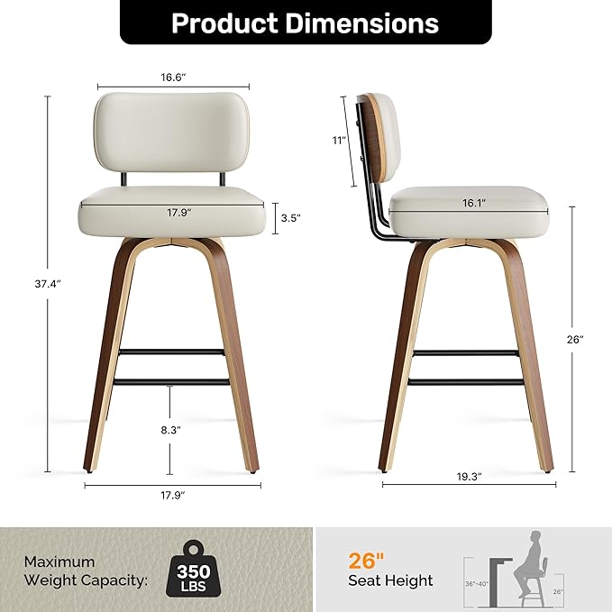 Swivel Bar Stools Set of 4, 26" Upholstered Faux Leather Counter Height Barstools with Walnut Back & Bentwood Legs, Mid Century Modern Bar Chairs Island Stools for Kitchen Counter, Beige Grey