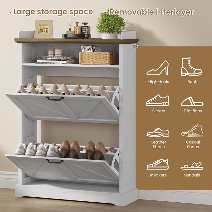 Shoe Cabinet with 2 Flip Drawers, Farmhouse Narrow Shoe Cabinet Organizer with Double-Layer Top, Freestanding entryway organizer with adjustable shelves and hooks, for, Foyer, Hallway, White