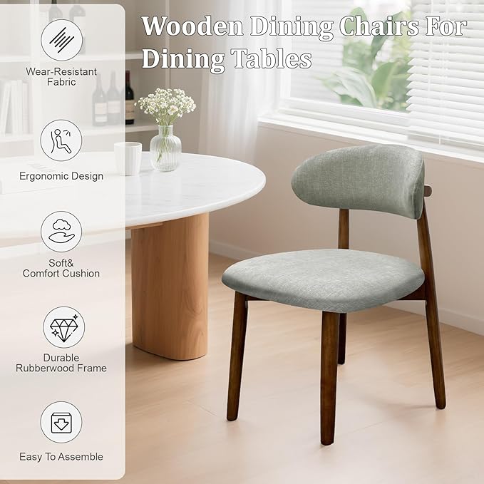 Farmhouse Dining Chairs Set of 6, Mid Century Modern Fabric Upholstered Kitchen Chairs, Wooden Dining Room Chair with Curved Back for Kitchen Dining Room Restaurant Cafe, Light Green (Only Chairs)